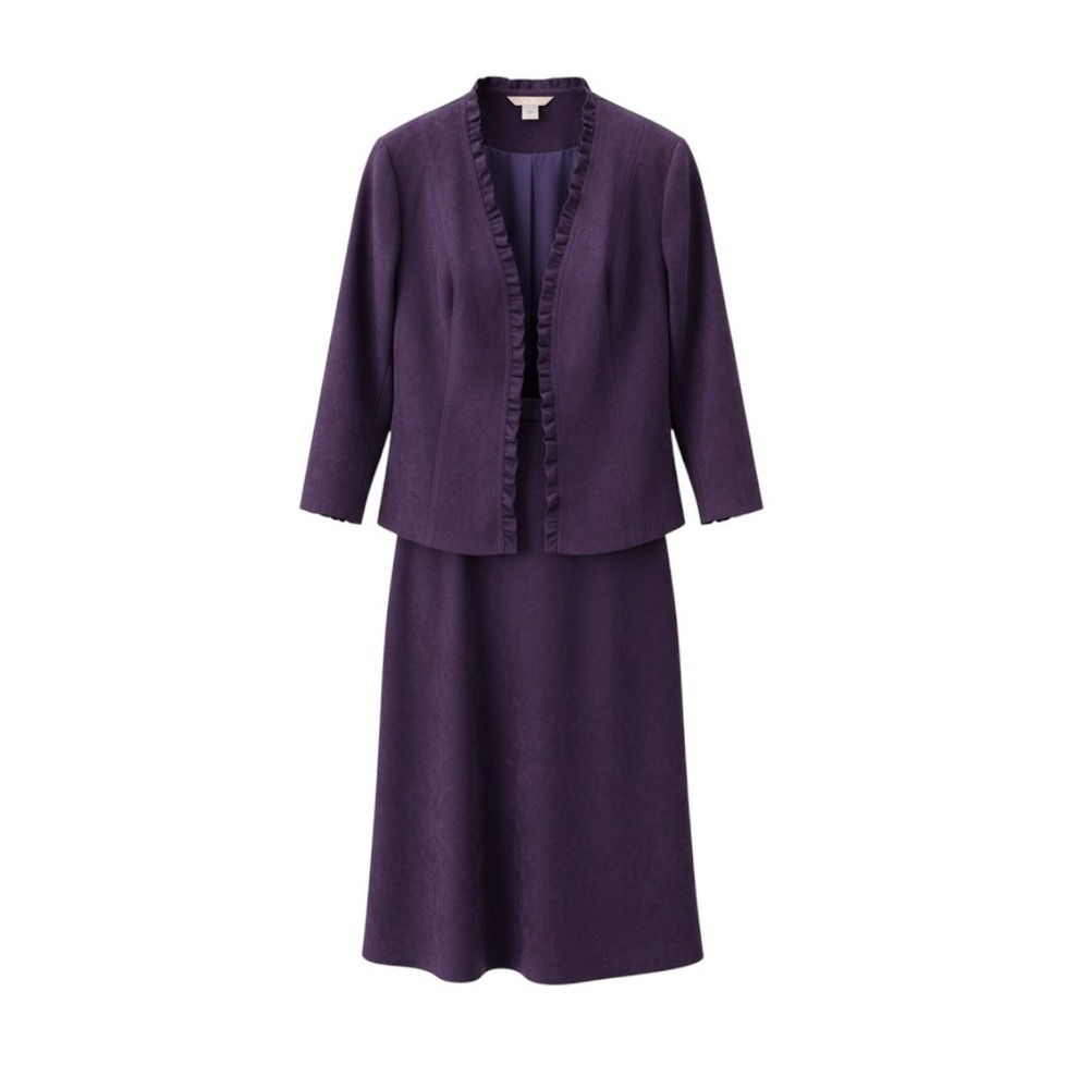 TanJay Skirt Suit Faux Suede Ruffle Open Jacket Midi Skirt Purple Office 14-16